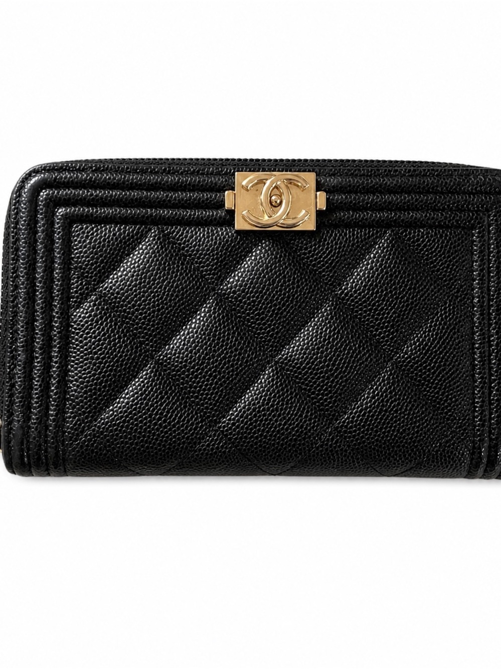 CHANEL Black Quilted Caviar Leather Wallet with Gold CC Lock